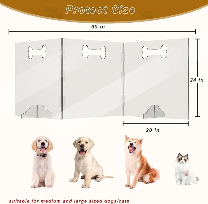 Clear Acrylic Dog Gate, 3 Panel 60" W x 24" H, Transparent Freestanding Pet Playpen Indoor, Foldable Pet Fence Barrier for Doorway with Handle/Support Feet