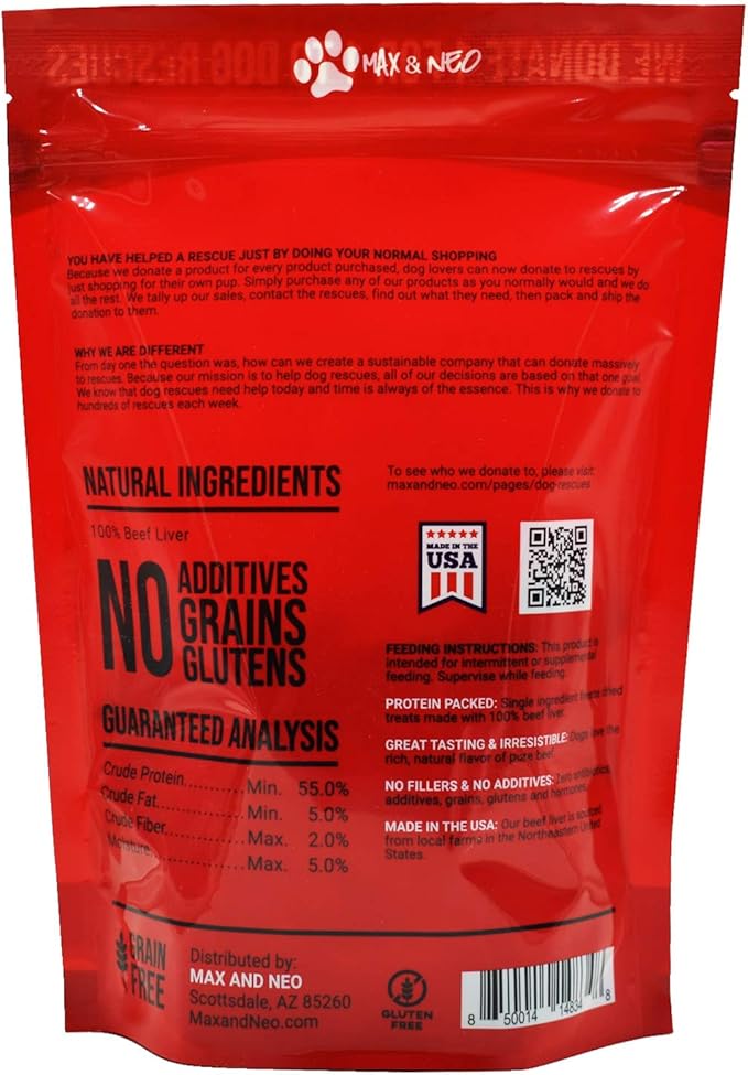 Max and Neo Freeze Dried Beef Liver Dog Treats - Single Ingredient, Pasture Raised, Grass Fed, Human Grade Beef Grown in The USA - We Donate 1 for 1 to Dog Rescues for Every Product Sold
