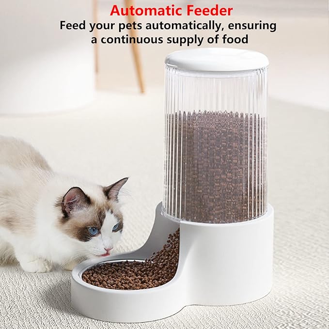 Automatic Cat Feeder - 3.8L Large Gravity Cat Food Dispenser with Detachable Top Lid, Visible Bottle and Stainless Steel Bowl for Dog and Pet (White)