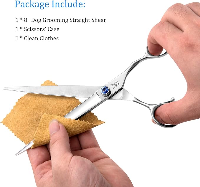 JASON 8" Straight Dog Grooming Scissors Long Pets Grooming Shears Premium Cats Trimming Kit with Offset Handle and a Jewelled Screw Sharp Comfortable