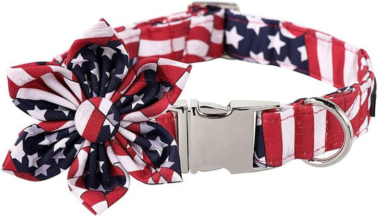 Lionet Paws Patriotic Female Dog Collar with Flower, 4th of July, Soft and Comfortable Adjustable American Flag Collar for Large Dogs, Neck 16-24 inches