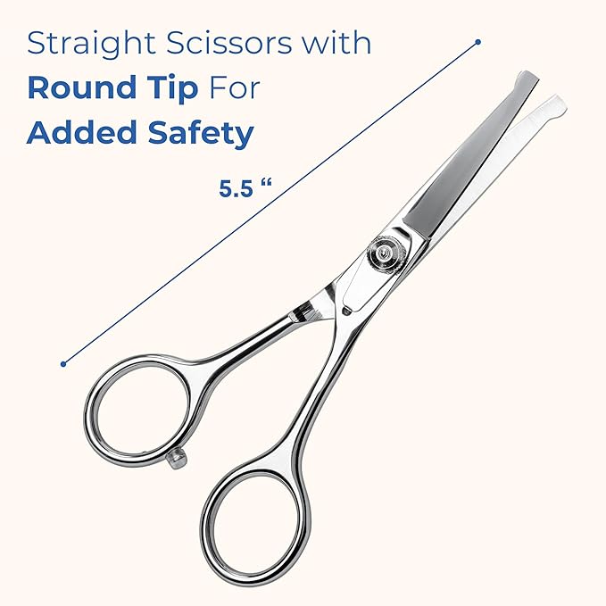 Pet Grooming Scissors Set With Round Tips For Dogs & Cats - Professional Grade Shears Safely Cut Through Dog or Cat Hair - Fur Trimming Made Easy - (Set of 2)
