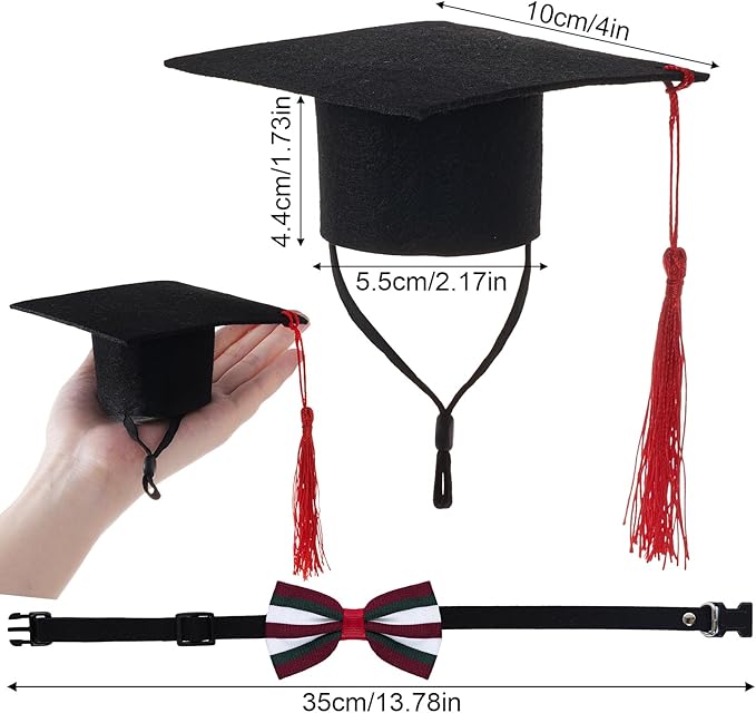 Pet Graduation Cap with Bowtie Collar Set, Small Dogs Cats Graduation Outfits Party Dress Costume Accessory (Striped Red)