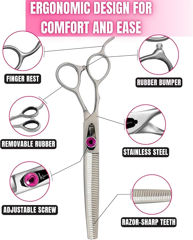 Kenchii Love Left Handed Dog Grooming Scissors, 46 Tooth Thinning Shears, Dog Scissors for Grooming, Professional Pet Grooming Scissors, Ergonomic & Comfortable