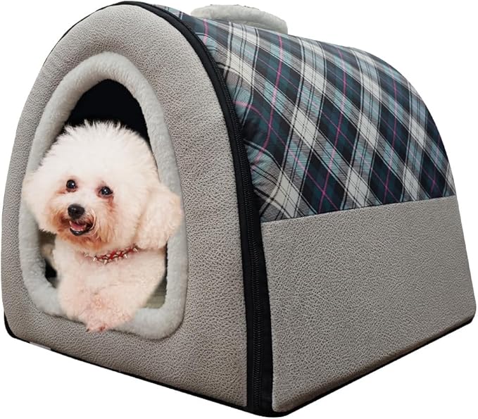Dog Bed or Cat Bed,2 Ways to Use,Indoor Pet House with Fluffy Mat,Removable and Washable Cover,Splash-Proof House and Non-Slip Bottom,for Cats and Small Dogs(M Plaid & Gray)