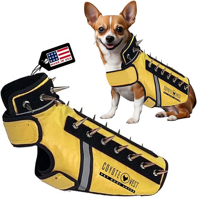 CoyoteVest SpikeVest Dog Harness Vest for Small Dogs, Reflective Dog Vest with Spikes to Shield Your pet from Coyotes, Raptor and Animal Attacks, Anti Hawk Vest, Made in USA (XXS-Yellow)