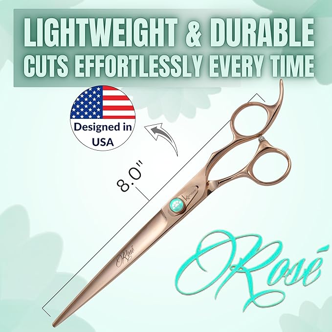 Kenchii Rose Dog Grooming Scissors, 8 Inch Straight Shears, Dog Scissors for Grooming, Ergonomic Design for Comfort and Precision, Heavy Duty, Durable and Sharp