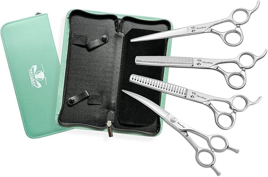 Dog Cat Scissors for Grooming, Pet Shears for Thick Coats and Matted Hair, Thinner Curved Straight Chunker Stainless Steel Shears