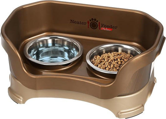 Neater Feeder Deluxe Mess Proof Dog Bowls Elevated for Small Breed – Made in USA – No Spill Raised Dog Food Bowl Stand – Stainless Steel Food and Water Bowl Set, Pet Feeding Station, Bronze