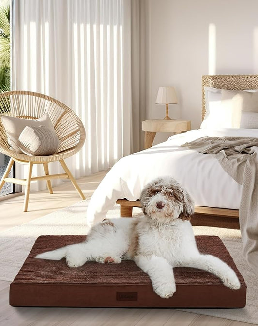 OhGeni 35 Inch Orthopedic Waterproof & Machine Washable Dog Bed with Egg Crate Foam Support, Non-Slip Bottom and Removable Pet Bed Cover for Extra Large, Large, Medium, Small Dogs (Brown)