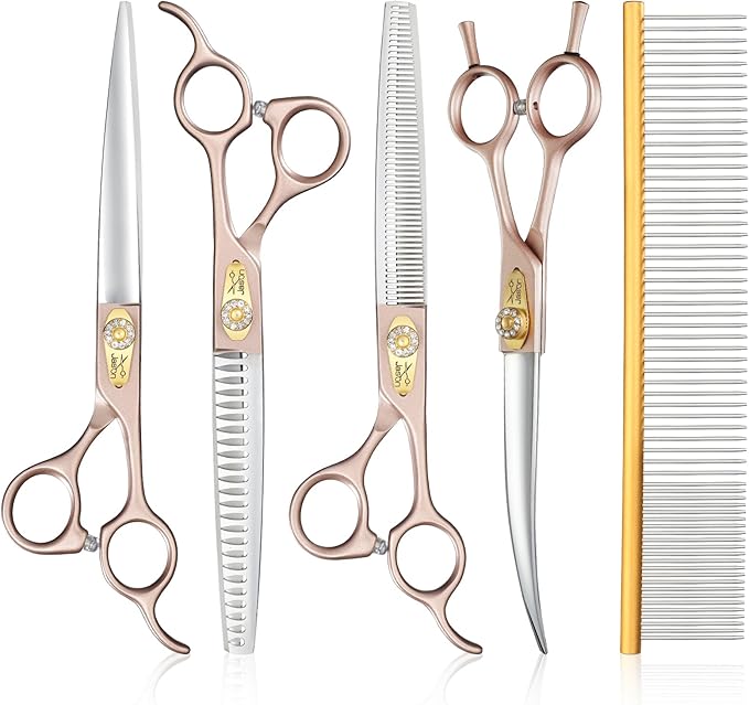 JASON Dog Grooming Scissors Kit, Professional 6 in 1 Dog Scissors Sharp Shears Set - 7.5" Thinning, Chunker, Straight, Curved Shears and Comb for Dog Cat Pet, Rosegold
