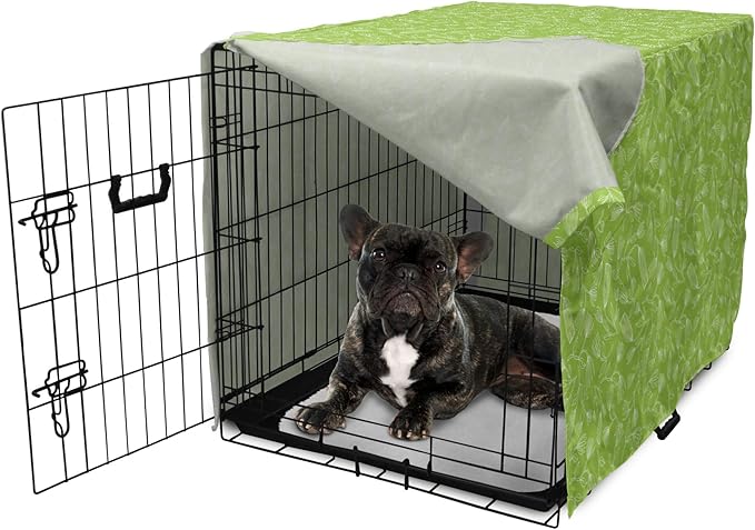 Ambesonne Floral Dog Crate Cover, Vintage Inspired Simplistic Outline Flowers Nature Botany Art Repetition, Easy to Use Pet Kennel Cover for Cats & Medium Dogs, 30 Inch, Lime Green and White