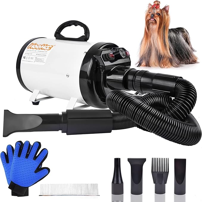 Dog Dryer, High Velocity Dog Hair Dryer, Dog Blow Dryer - Groomer Partner Pet Blower Grooming Force Dryer with Heater, Stepless Adjustable Speed, 4 Different Nozzles, Comb & Pet Grooming Glove (White)