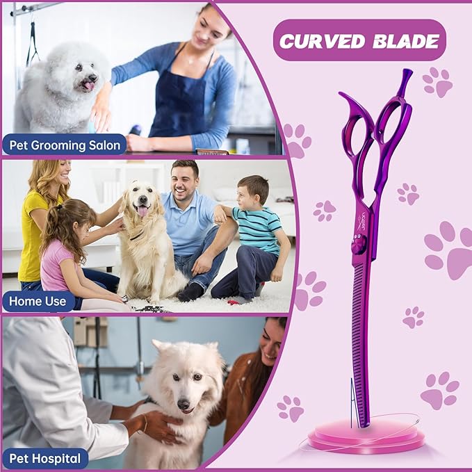 JASON 7" Curved Thinner Dog Scissors - Ergonomic Pet Scissors Purple Curved Blender Dog Shears 440C Stainless Steel Grooming Shears Professional Pet Shears For Groomer (52-Teeth, Down-curved)