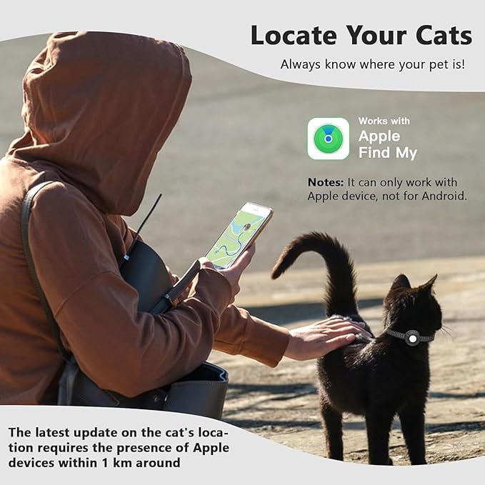 Cat Tracker,Waterproof Pet Tracker for All Cats(Only iOS),Cat Tracker Collar with Safety Elastic Buckle,No Monthly Fee,Compatible with Apple Find My App-(Black)