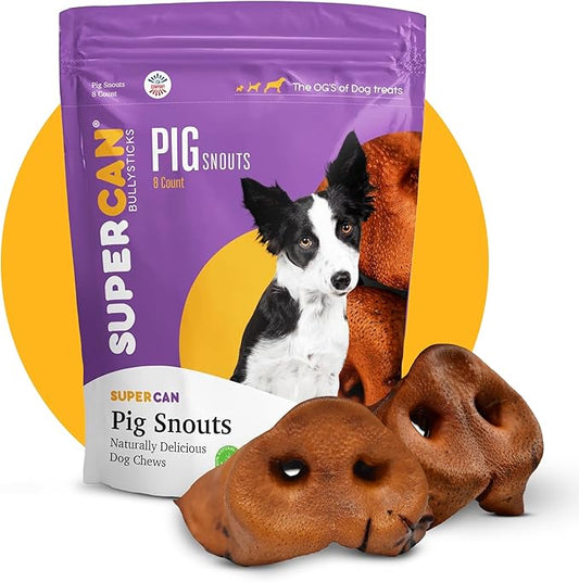 SUPER CAN BULLYSTICKS Pig Snouts for Dogs (8-Pack) 100% Natural Dog Chews - Non-GMOs Fully Digestible - Thick Whole Pork Chews - Long Lasting Dental Dog Treats - Softer Than Bully Sticks and Pig Ears
