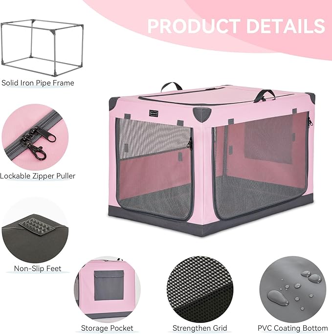 PETSFIT Travel Dog Crate, with Patented Adjustable Fabric Cover, Chewproof & Lockable Mesh Doors, Waterproof Base Portable Kennel Pink 26 Inch