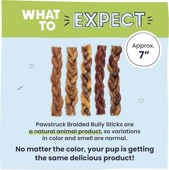 Pawstruck Natural 7” Braided Bully Sticks for Dogs - Tough Long Lasting, Rawhide Free, Low Odor, Healthy Single Ingredient Chew Treat for Aggressive Chewers - 25 Count - Packaging May Vary