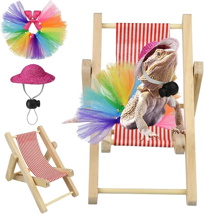 Vehomy Bearded Dragon Costume Bearded Dragon Hat for Lizards Bearded Dragon Tutu Skirt & Reptile Mini Deck Chair Small Pet Costume Outfits Clothes Photo Props for Lizards Geckos Hamsters Rats 3Pcs