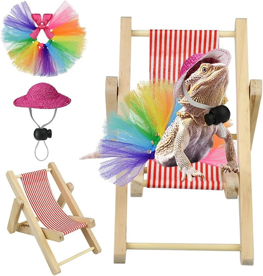 Vehomy Bearded Dragon Costume Bearded Dragon Hat for Lizards Bearded Dragon Tutu Skirt & Reptile Mini Deck Chair Small Pet Costume Outfits Clothes Photo Props for Lizards Geckos Hamsters Rats 3Pcs