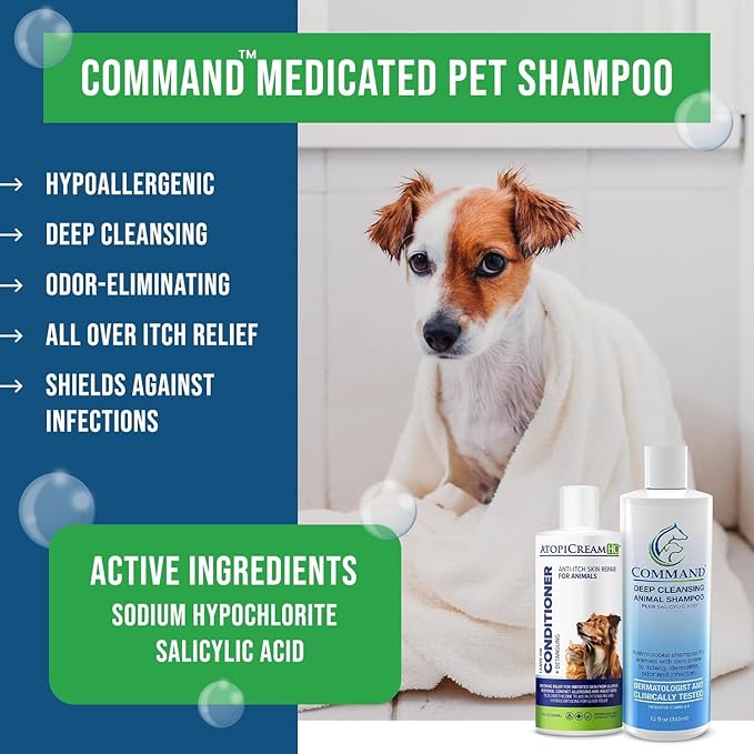 Itchy Dog Bundle, 12 oz Command Medicated Pet Shampoo + 8 oz AtopiCream HC 1% Hydrocortisone Conditioner, Relief for Dogs with Allergies and Dry Skin