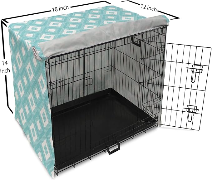 Lunarable Geometric Dog Crate Cover, Nested Diagonal Squares with Tiny Polka Dots Symmetric Repetition, Easy to Use Pet Kennel Cover for Small Dogs Puppies Kittens, 18 Inch, White and Pale Teal