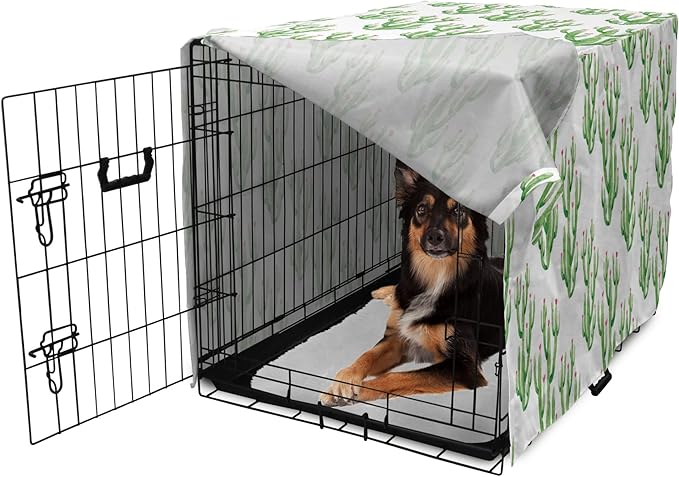 Ambesonne Watercolor Flowers Dog Crate Cover, Cactus Plants Exotic Climate Botanical Branches Mother Nature, Easy to Use Pet Kennel Cover for Medium Large Dogs, 36 Inch, Fern Green