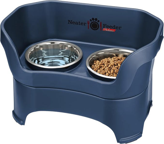 Neater Feeder Deluxe Mess Proof Dog Bowls Elevated for Large Breed – Made in USA – No Spill Raised Dog Food Bowl Stand – Stainless Steel Food and Water Bowl Set, Pet Dish Feeding Station, Dark Blue