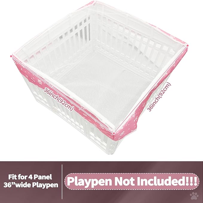 PJYuCien Dog Playpen Mesh Top Cover, Fits 36 Inch 4 Panels Regular Square Plastic Exercise Pet Pen, Adhesive Tape Connections, Pink Paw (Note: Cover Only, Fence Not Included)