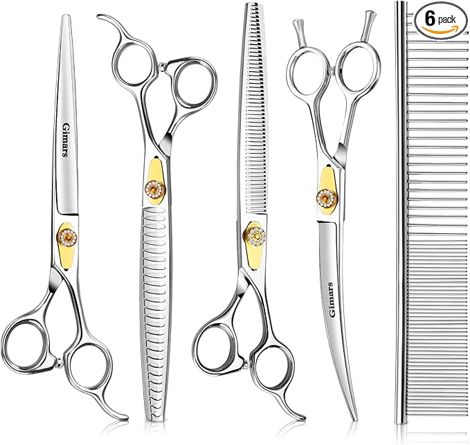 Gimars 8 Inch Professional 440C Stainless Steel Dog Grooming Scissors Heavy Duty 6 In 1 - Straight, Thinning, Chunker, Curved Shears and Comb, Ergonomic Pet Grooming Scissor for Dogs, Cats