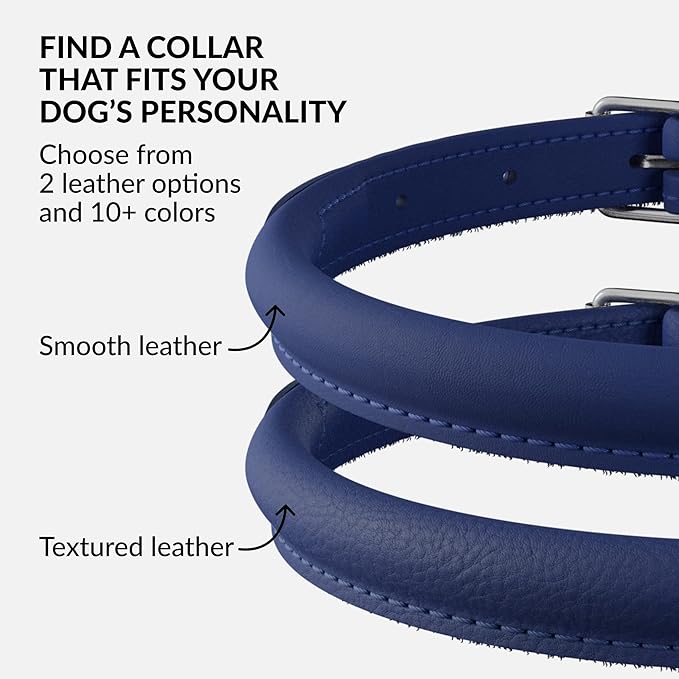 CollarDirect Rolled Leather Dog Collar, Soft Padded Round Puppy Collar, Handmade Genuine Leather Collar Dog Small Large Cat Collars 13 Colors (18-22 Inch, Deep Blue Smooth)