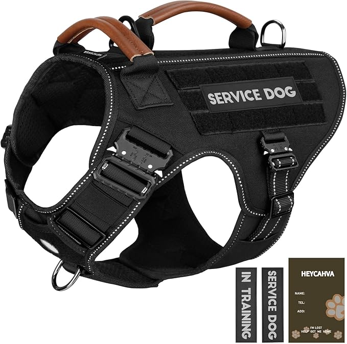 Tactical Dog Harness - HEYCAHVA Service Dog Vest Full Metal Buckles Dog Vest for Medium Large Dog Reflective No Pull Dog Harnesses Vest with Leather Handle, Hook & Loop for Hiking Training (Black, M)