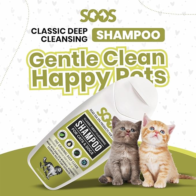 Soos Pets Dog Shampoo for Cats and Pets Natural Dead Sea Classic Deep Cleansing Fast Absorbing Coat with Vitamins Minerals Essential Oils Natural Ingredients Antib-acterial - 1x Pet Shampoo (250ml)