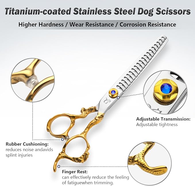 Dog Grooming Scissors,Thinning Shear Chunkers Shears and Curved scissors with Safety Round Tips,Sharp 3 in 1 Dog Scissors for Grooming