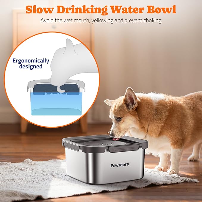 Dog Water Bowl No Spill, 4.5L Stainless Steel Dog Floating Bowl, Slow Water Bowl for Dog with Filter, Non-Slip Base, No Splash Water Bowl for Medium Large Messy Drinkers Grey