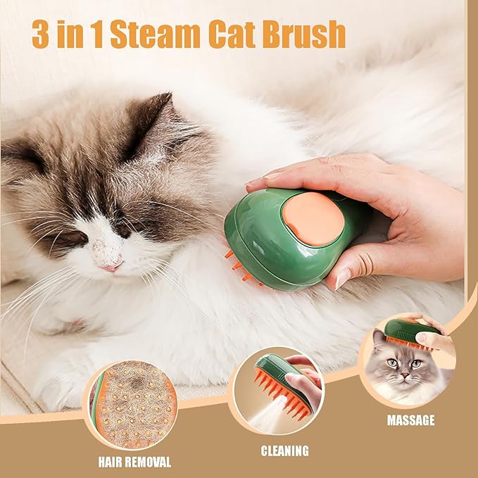 Cat Steam Brush, 3 in 1 Cat Brush for Shedding,Spray Cat Brush For Pets Grooming, Portable Pets Hair Removal Tool For Cats and Dogs, Pets Steamy Brush With Water Tank,Green