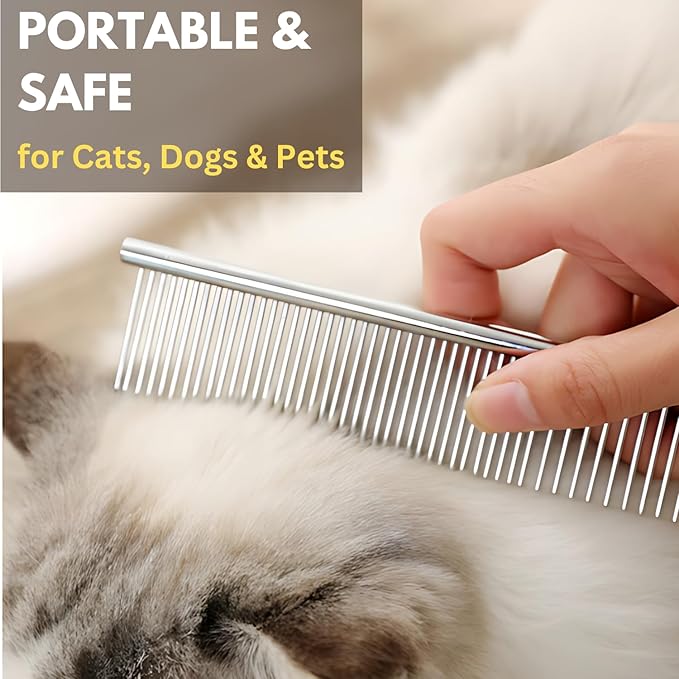 Chrome Pet Grooming Comb Premium Stainless Steel Dematting Tool with Rounded Teeth for Dogs & Cats Best for Removing Knots,Tangles,Perfect for Long & Short Haired Pets (Chrome)