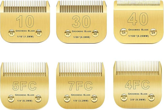 Andis/Oster A5/Wahl KM-10 Series Compatible 6PCS Detachable Dog Clipper Blades (Gold-#10, 30, 40, 4FC, 5FC, 7FC)