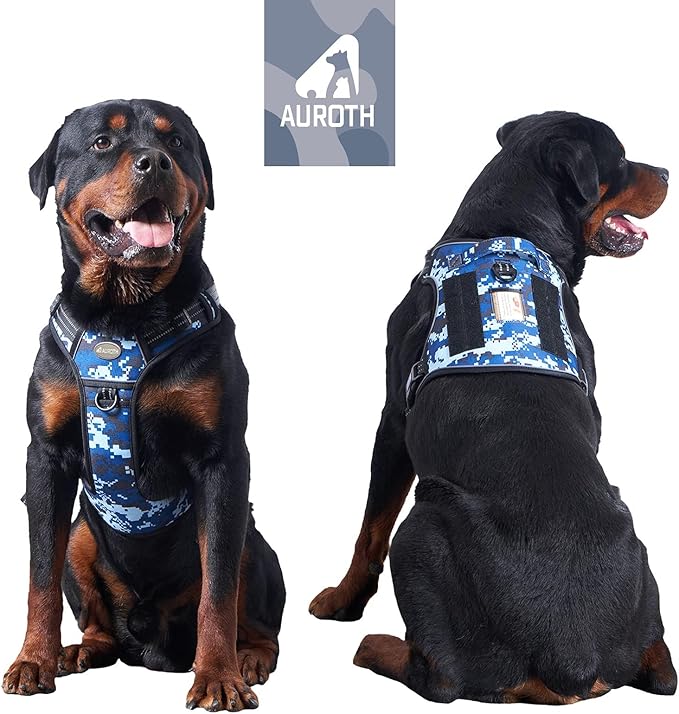 Auroth Tactical Dog Training Harness No Pulling Front Clip Leash Adhesion Reflective K9 Pet Working Vest Easy Control for Small Medium Large Dogs Blue Camo XL