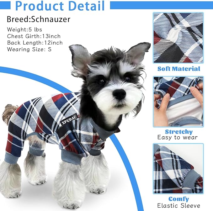 XPUDAC 4 Pack Dog Pajamas for Small Dogs Cats Plaid Doggie Clothes Puppy Onesies Christmas Pajamas Jumpsuits Pet Pjs Shirt Apparel X-Small, Red Green Khaki Grey
