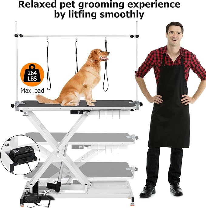 GAOMON Electric Dog Grooming Table, Height Adjustable (9.4"-39.4") Heavy Duty Pet Grooming Table w/Leveling Wheels, X Lift, Anti Slip Tabletop & Tool Organizer/Dog Grooming Station, 47"/White