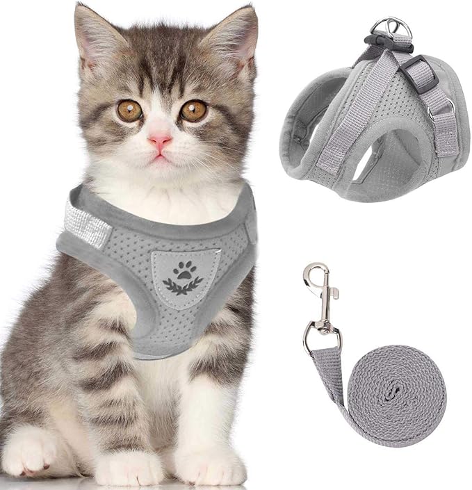Cat Vest Harness and Small Dog Vest Harness for Walking, All Weather Mesh Harness, Cat Vest Harness with Reflective Strap, Step in Adjustable Harness for Small Cats (Gray, S)