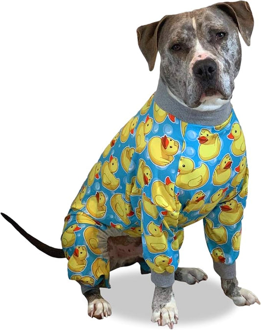 Tooth and Honey Pit Bull Pajamas Rubber Duck Print Lightweight Pullover Pajamas Full Coverage Dog pjs Yellow with Grey Trim