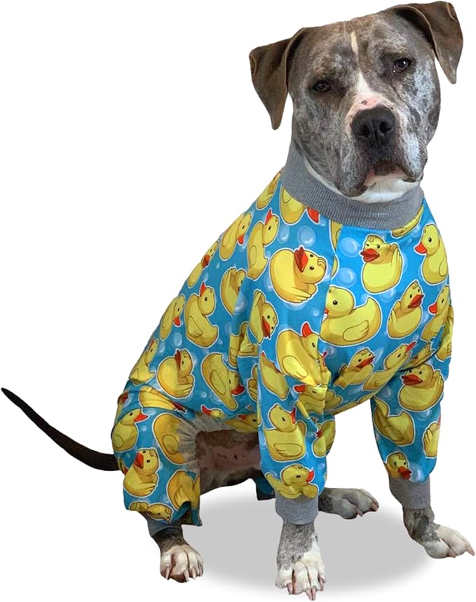 Tooth & Honey Pit Bull Pajamas – Rubber Duck Print Lightweight Pullover with Full Coverage – Yellow with Grey Trim Dog PJs