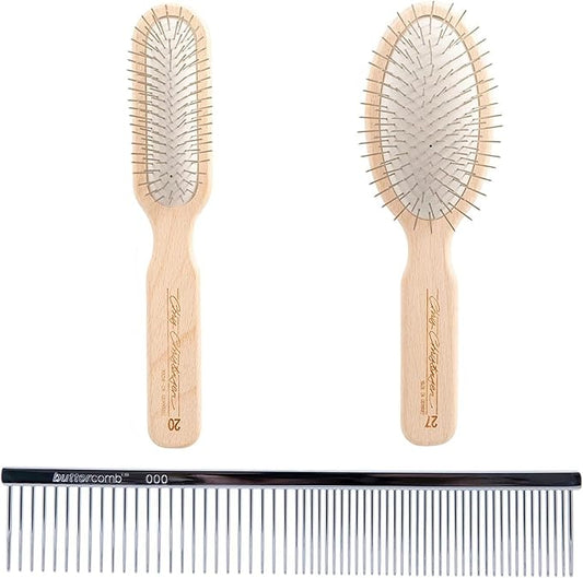Chris Christensen Brush & Comb Bundle - Original Series 20 mm Oblong and Oval Pin Brush + 000 7.5 in Greyhound Style Fine/Coarse Comb, Groom Like a Professional