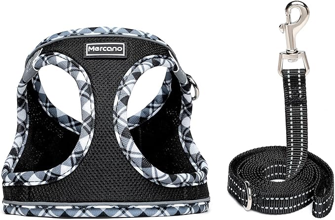 Mercano Soft Mesh Dog Harness and Leash Set, No-Chock Step-in Reflective Breathable Lightweight Easy Walk Escape Proof Vest Harnesses with Safety Buckle for Small Medium Dogs, Cats (Black White, XL)