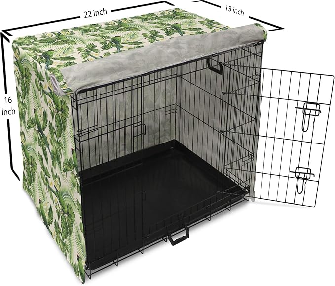 Lunarable Green Dog Crate Cover, Exotic Tropic Pattern with Palm Leaves Breadfruits Plumeria Flowers and Parrots, Easy to Use Pet Kennel Cover for Small Dogs Puppies Kittens, 22 Inch, Lime Green Cream