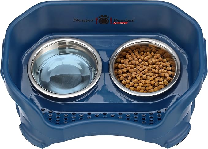 Neater Feeder Deluxe Mess Proof Dog Bowls Elevated for Small Breed – Made in USA – No Spill Raised Dog Food Bowl Stand – Stainless Steel Food and Water Bowl Set, Pet Feeding Station, Dark Blue