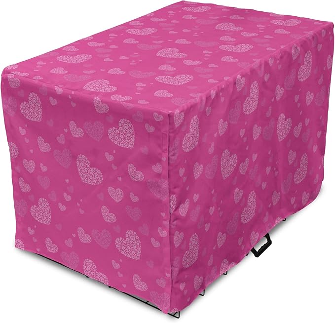 Lunarable Love Dog Crate Cover, Romantic Theme Abstract Heart Shapes Valentines Day 14th February Design, Easy to Use Pet Kennel Cover for Cats & Medium Dogs, 30 Inch, Hot Pink
