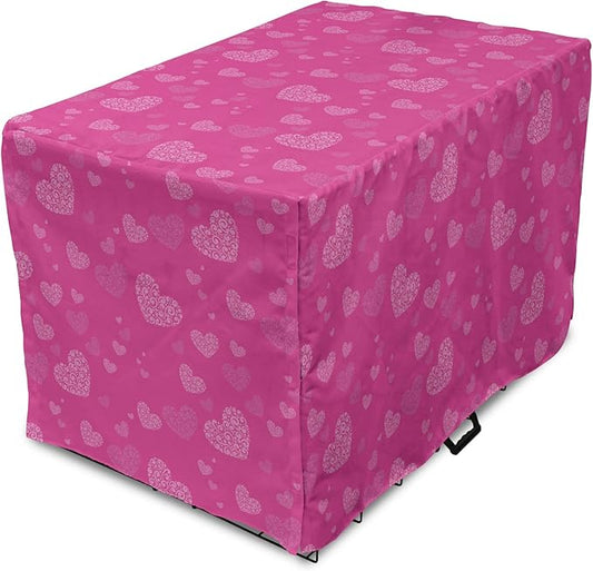 Lunarable Love Dog Crate Cover, Romantic Theme Abstract Heart Shapes Valentines Day 14th February Design, Easy to Use Pet Kennel Cover for Medium Large Dogs, 42 Inch, Hot Pink